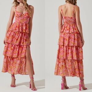 New ASTR Midsummer Floral Tiered Maxi Dress Red Pink Magenta Yellow